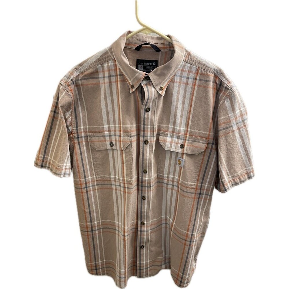 Carhartt Men's 105175 Loose Fit Midweight Short Sleeve Plaid Shirt Beige Size Xl